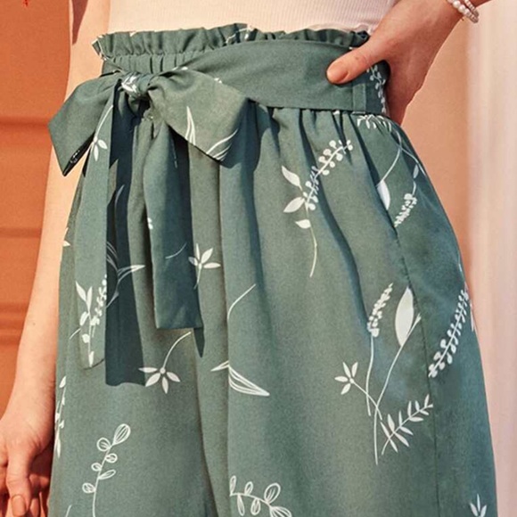 Boho Floral Print Front Tie Mint Wide leg Pants - Picture 4 of 7